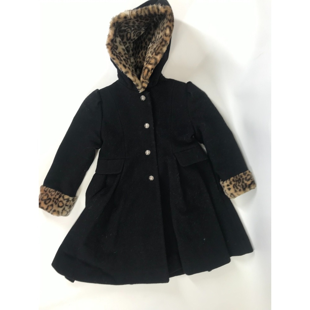 Rothschild Girls Coat Black Wool with Faux Leopard Print Size‎ 4